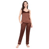 Women’s brown satin camisole and pajama set, silky soft and lightweight, perfect for bridesmaid pajamas, bridal party getting-ready outfits, and wedding morning gifts. Features adjustable-strap V-neck cami with matching satin pants for a luxe, comfortable fit. Ideal for U.S. shoppers looking for premium satin sleepwear, loungewear sets, and bridal party pajama options.