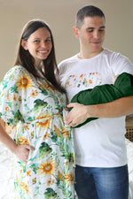 Robe swaddle personalized hat with matching dad shirt in sunflower corncobs and green swaddle
