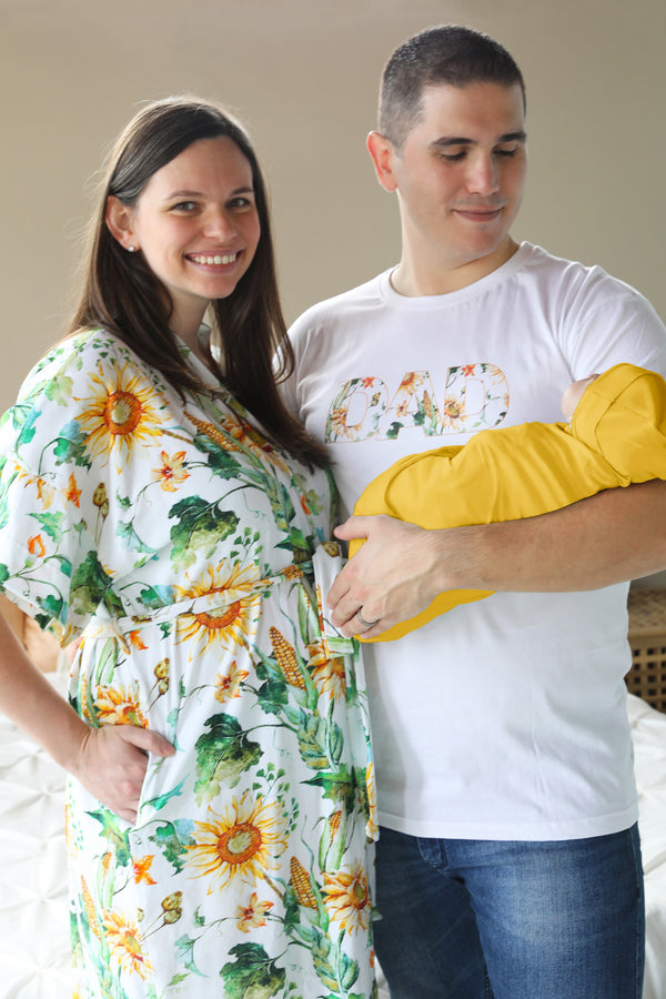 Robe swaddle personalized hat with matching dad shirt in sunflower corncobs and yellow swaddle