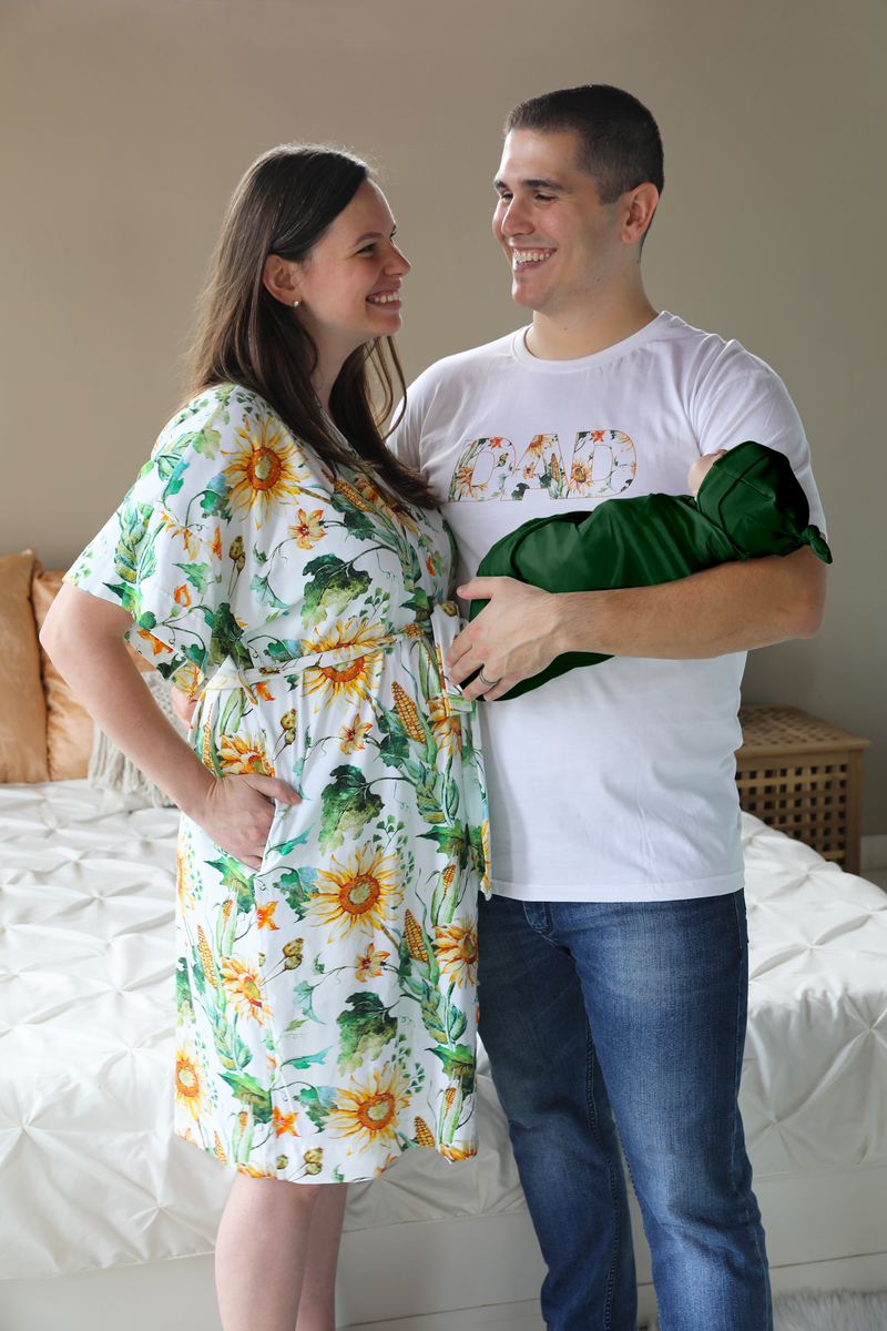 Robe swaddle personalized hat with matching dad shirt in sunflower corncobs and green swaddle