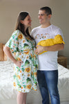 Robe swaddle personalized hat with matching dad shirt in sunflower corncobs and yellow swaddle