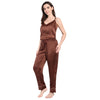 Women’s brown satin camisole and pajama set, silky soft and lightweight, perfect for bridesmaid pajamas, bridal party getting-ready outfits, and wedding morning gifts. Features adjustable-strap V-neck cami with matching satin pants for a luxe, comfortable fit. Ideal for U.S. shoppers looking for premium satin sleepwear, loungewear sets, and bridal party pajama options.