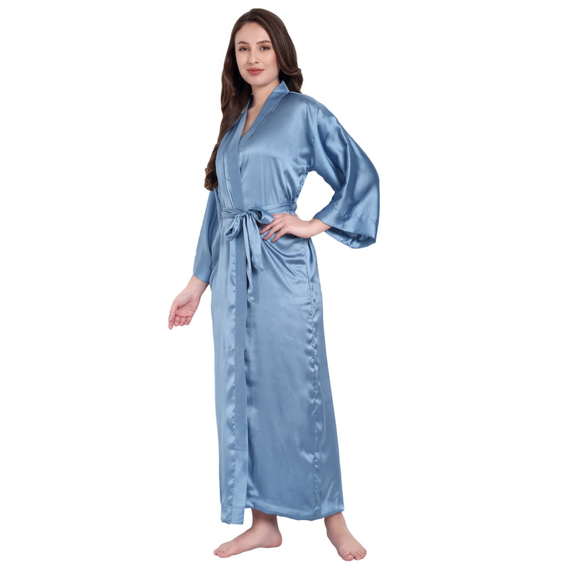 Blue Satin Long Robe for Women| Comfy Mommy