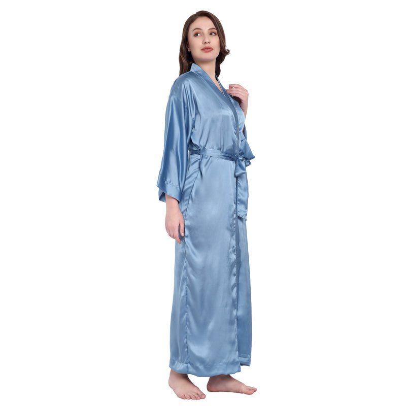 Blue Satin Long Robe for Women| Comfy Mommy