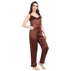 Women’s brown satin camisole and pajama set, silky soft and lightweight, perfect for bridesmaid pajamas, bridal party getting-ready outfits, and wedding morning gifts. Features adjustable-strap V-neck cami with matching satin pants for a luxe, comfortable fit. Ideal for U.S. shoppers looking for premium satin sleepwear, loungewear sets, and bridal party pajama options.