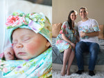Robe swaddle personalized hat with matching dad shirt in blue and pink floral