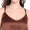 Women’s brown satin camisole and pajama set, silky soft and lightweight, perfect for bridesmaid pajamas, bridal party getting-ready outfits, and wedding morning gifts. Features adjustable-strap V-neck cami with matching satin pants for a luxe, comfortable fit. Ideal for U.S. shoppers looking for premium satin sleepwear, loungewear sets, and bridal party pajama options.