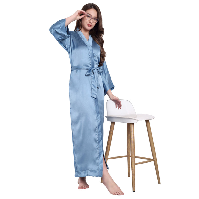 Blue Satin Long Robe for Women| Comfy Mommy