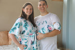 Robe Pink brush Floral swaddle personalized hat with matching dad shirt