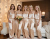 Bridal party wearing matching champagne satin cami pajama sets, perfect for bride pajamas, bridesmaid pajamas, getting ready outfits, and bridal party photos. Elegant bridal loungewear ideal for weddings, bachelorette parties, and morning-of celebrations. Soft silky pajamas with drawstring pants, great for gifting and comfortable pre-wedding moments.