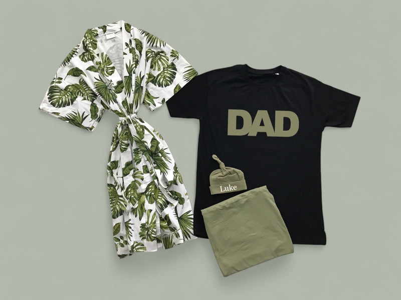 Palm Paradise Matching Maternity Family Outfit Set – Robe, Swaddle, Hat, Dad Tee & Big Sibling Shirt