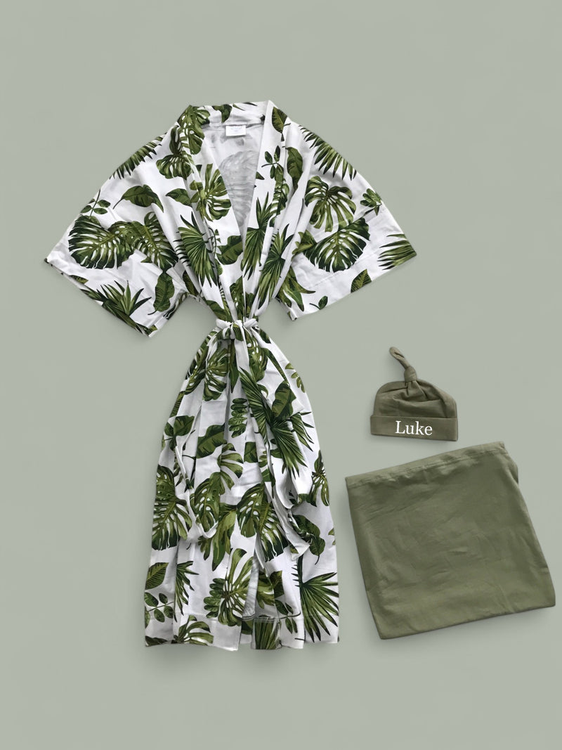 Palm Paradise Matching Maternity Family Outfit Set – Robe, Swaddle, Hat, Dad Tee & Big Sibling Shirt