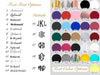 Text font and color options chart for personalized bridesmaid robes and pajamas, showing 14 script and monogram font styles plus initials fonts 15–19 on the left, and a wide selection of text colors on the right including metallic gold, metallic silver, rose gold, black, white, purple, red, pink, wine, gray, light blue, blue, green, brown, glitter colors, velvet colors, holographic, and glow-in-the-dark options.