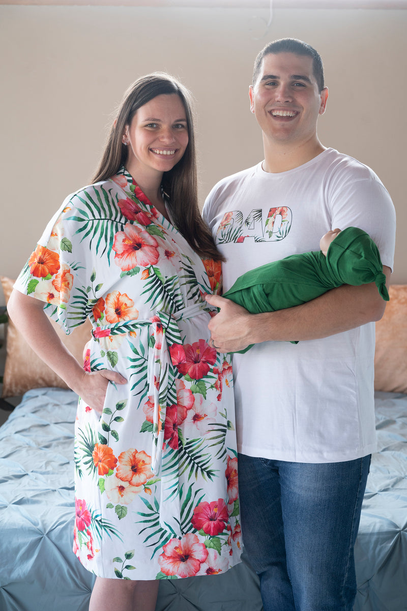 Robe swaddle personalized hat with matching dad shirt in tropical with green swaddle