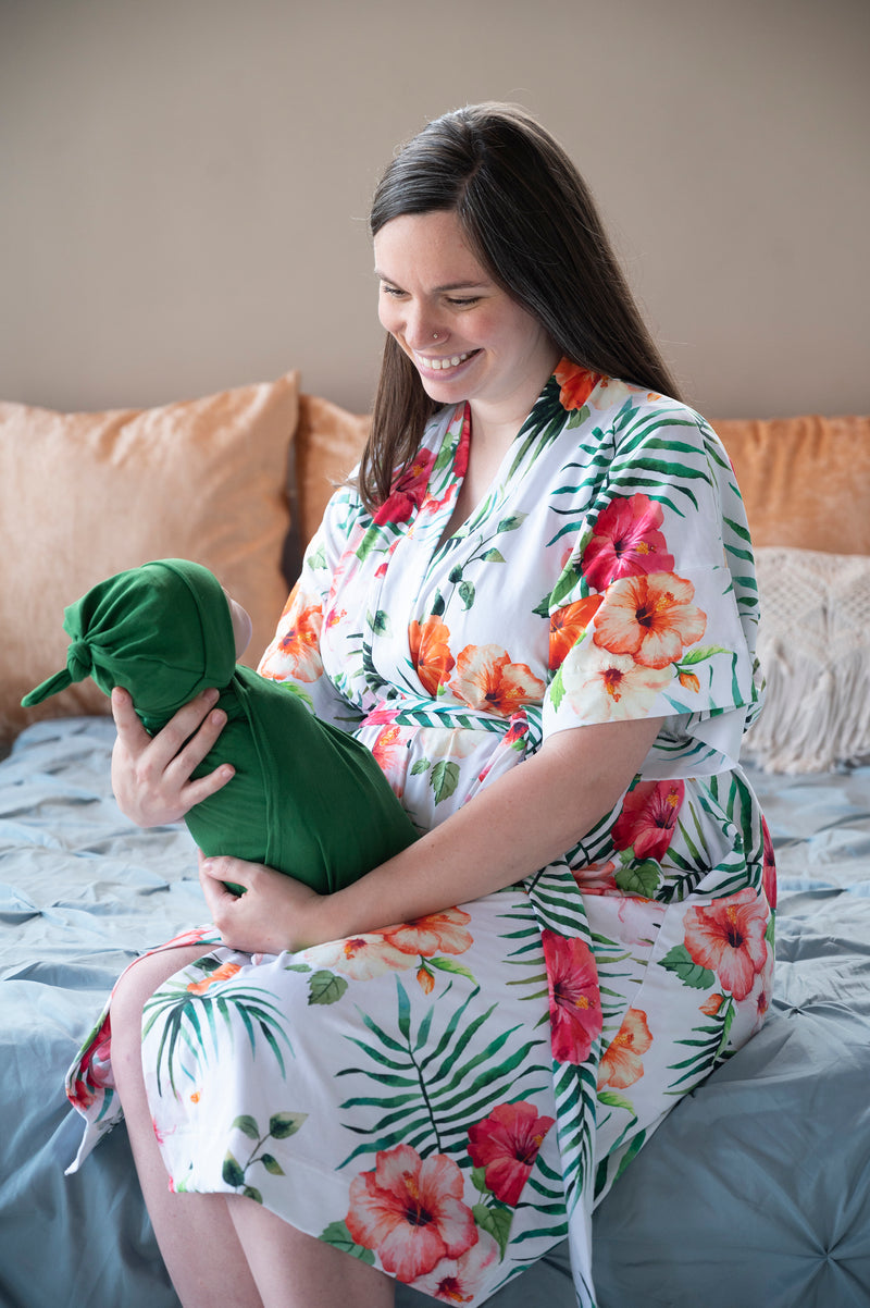 Robe swaddle personalized hat with matching dad shirt in tropical with green swaddle