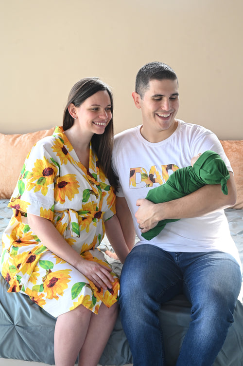 Robe swaddle personalized hat with matching dad shirt in sunflower with green swaddle