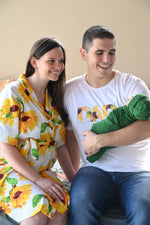 Robe swaddle personalized hat with matching dad shirt in sunflower with green swaddle
