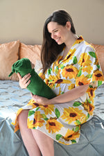 Robe swaddle personalized hat with matching dad shirt in sunflower with green swaddle