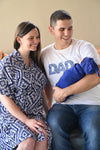 Robe swaddle personalized hat with matching dad shirt in Ikat with royal blue swaddle