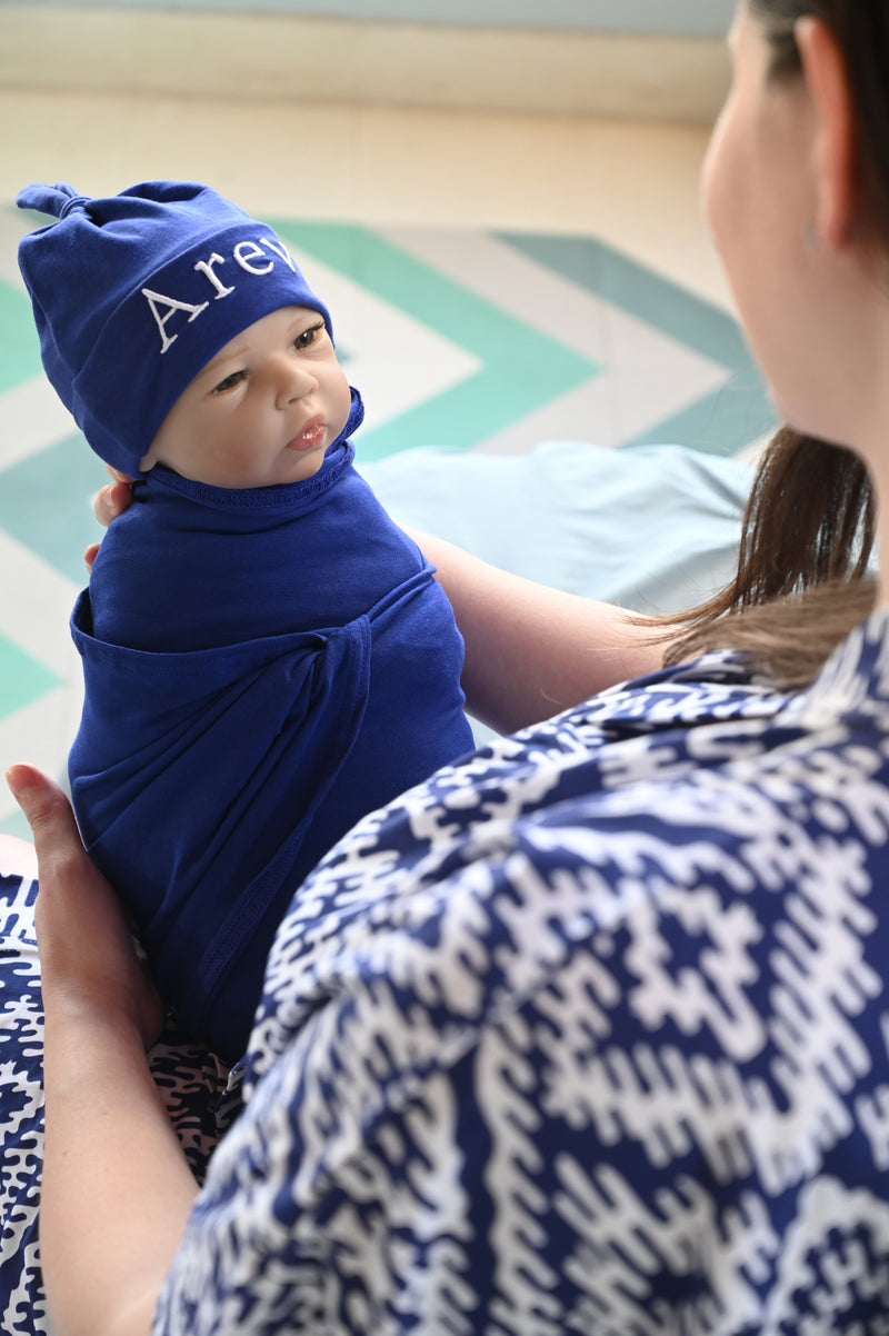Robe swaddle personalized hat with matching dad shirt in Ikat with royal blue swaddle