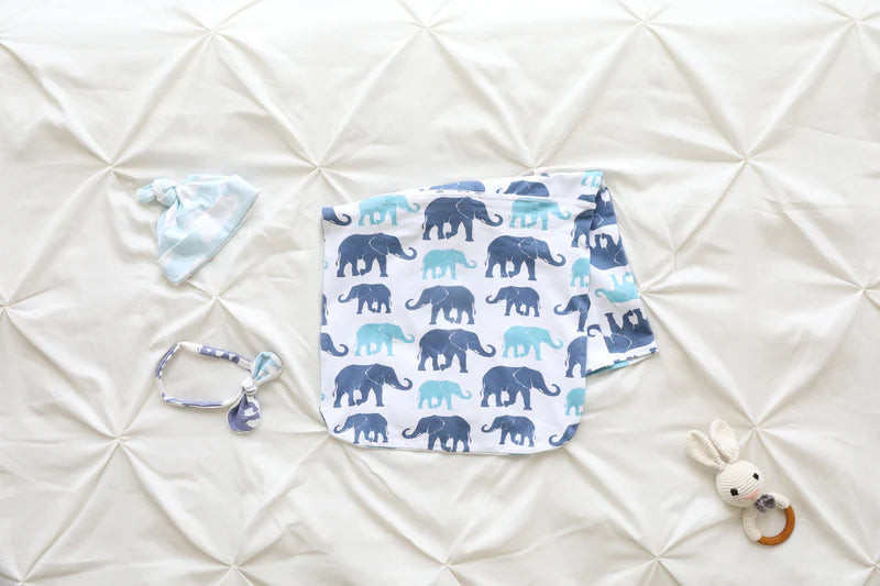 Blue Elephant Baby Swaddle Blanket, Bow Headband & Personalized Hat – Soothing Wrap for Peaceful Sleep