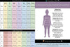 Comprehensive adult and kids pajama size chart with US sizes S–4XL and children’s sizes 12–18M to 9–10Y. Displays upper bust, full bust, waist, high hip, and hip measurements alongside a visual guide on how to measure the body for best fit. Includes shipping and transit time information for orders