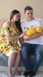 Sunflower Robe swaddle personalized hat with matching dad shirt