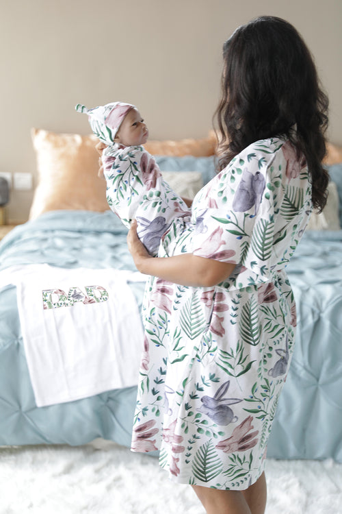 Organic Maternity robe, swaddle, hat and matching DAD shirt in Rabbits.