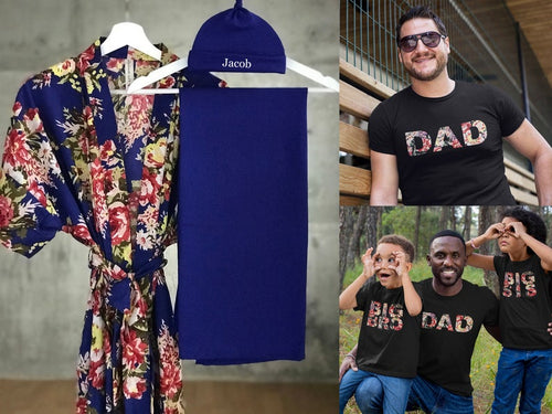 Stretch cotton Blue floral Maternity robe and swaddle set boy. Mommy and me robe and swaddle set boy. In organic stretch cotton. Hos Matching t-shirts available. - comfymommyshop.in