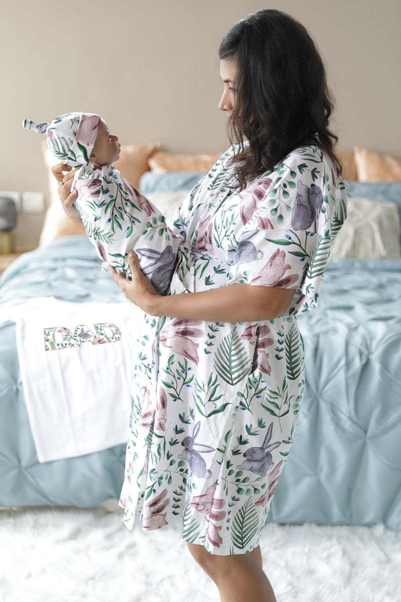 Organic Maternity robe, swaddle, hat and matching DAD shirt in Rabbits.