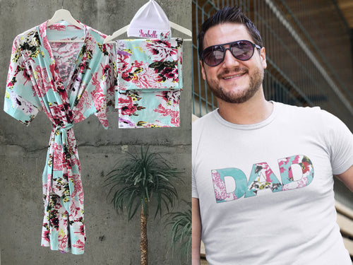 Aqua Floral Maternity robe and swaddle set boy. Mommy and me robe and swaddle set boy. In organic stretch cotton. Matching t-shirts available. - comfymommyshop.in
