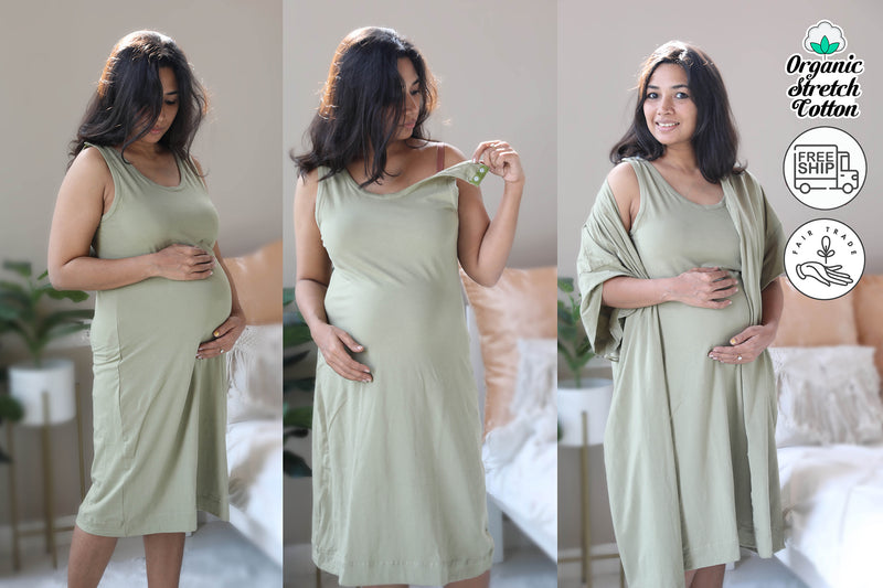 Olive Nursing Nightgown with matching Pregnancy and Postpartum robe.
