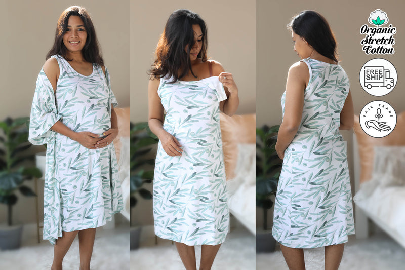Olive leaves Nursing Nightgown with matching Pregnancy and Postpartum robe