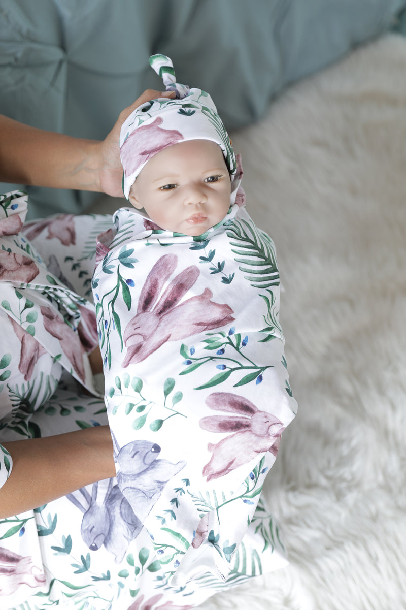 Organic Maternity robe, swaddle, hat and matching DAD shirt in Rabbits.