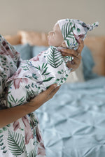 Organic Maternity robe, swaddle, hat and matching DAD shirt in Rabbits.