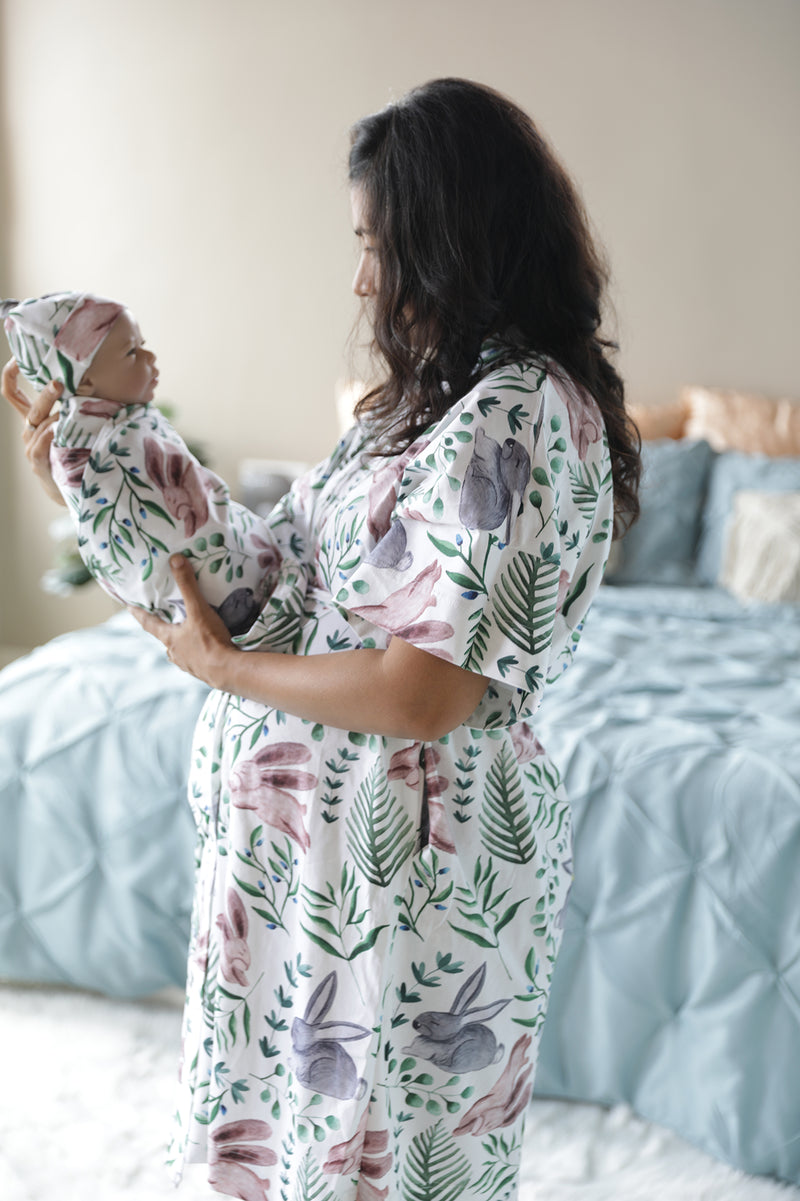 Organic Maternity robe, swaddle, hat and matching DAD shirt in Rabbits.