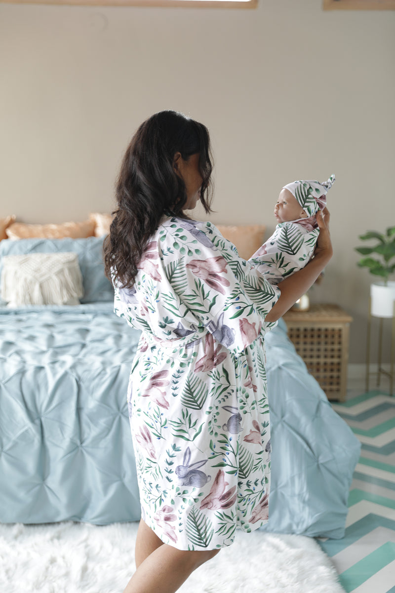 Organic Maternity robe, swaddle, hat and matching DAD shirt in Rabbits.
