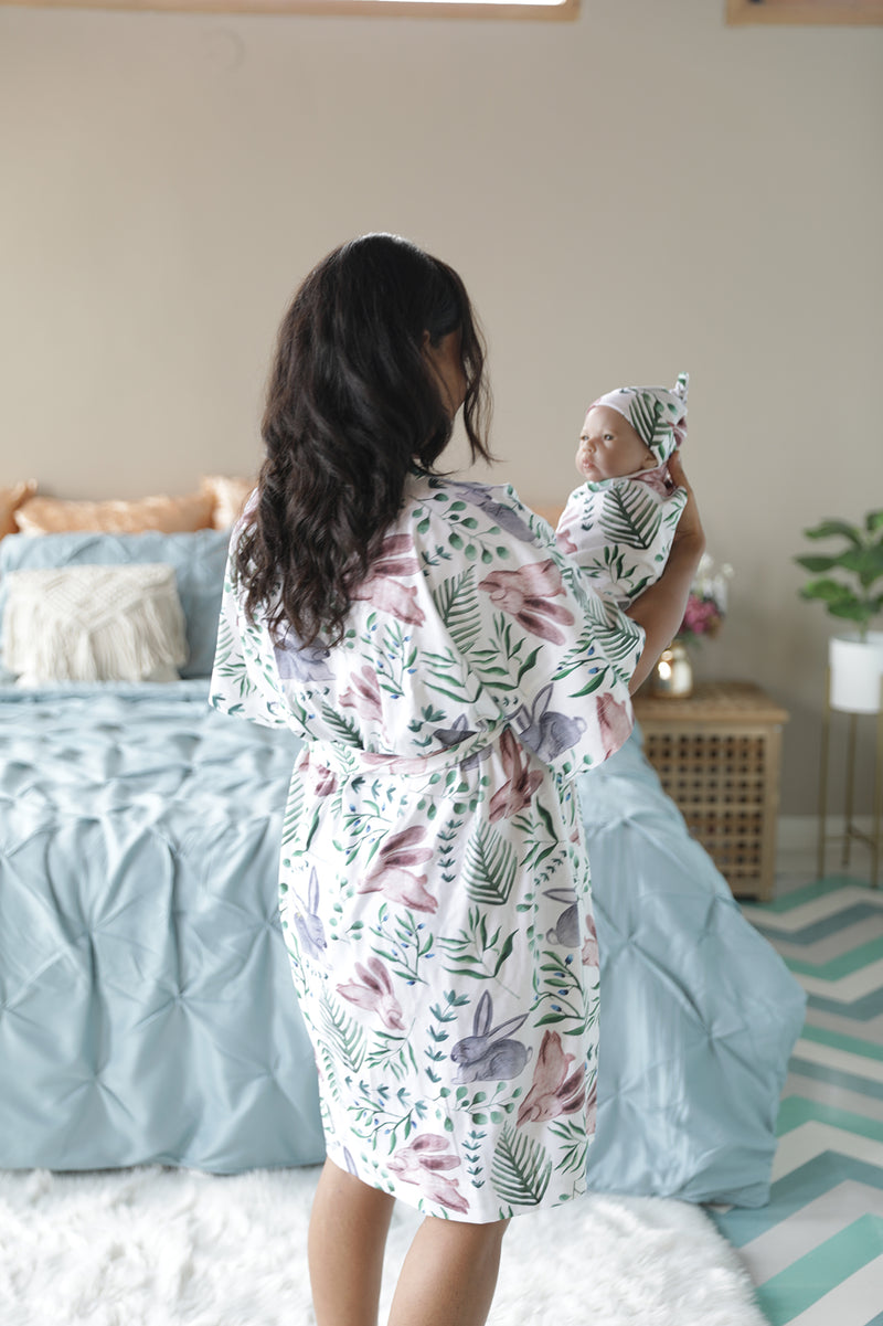 Organic Maternity robe, swaddle, hat and matching DAD shirt in Rabbits.