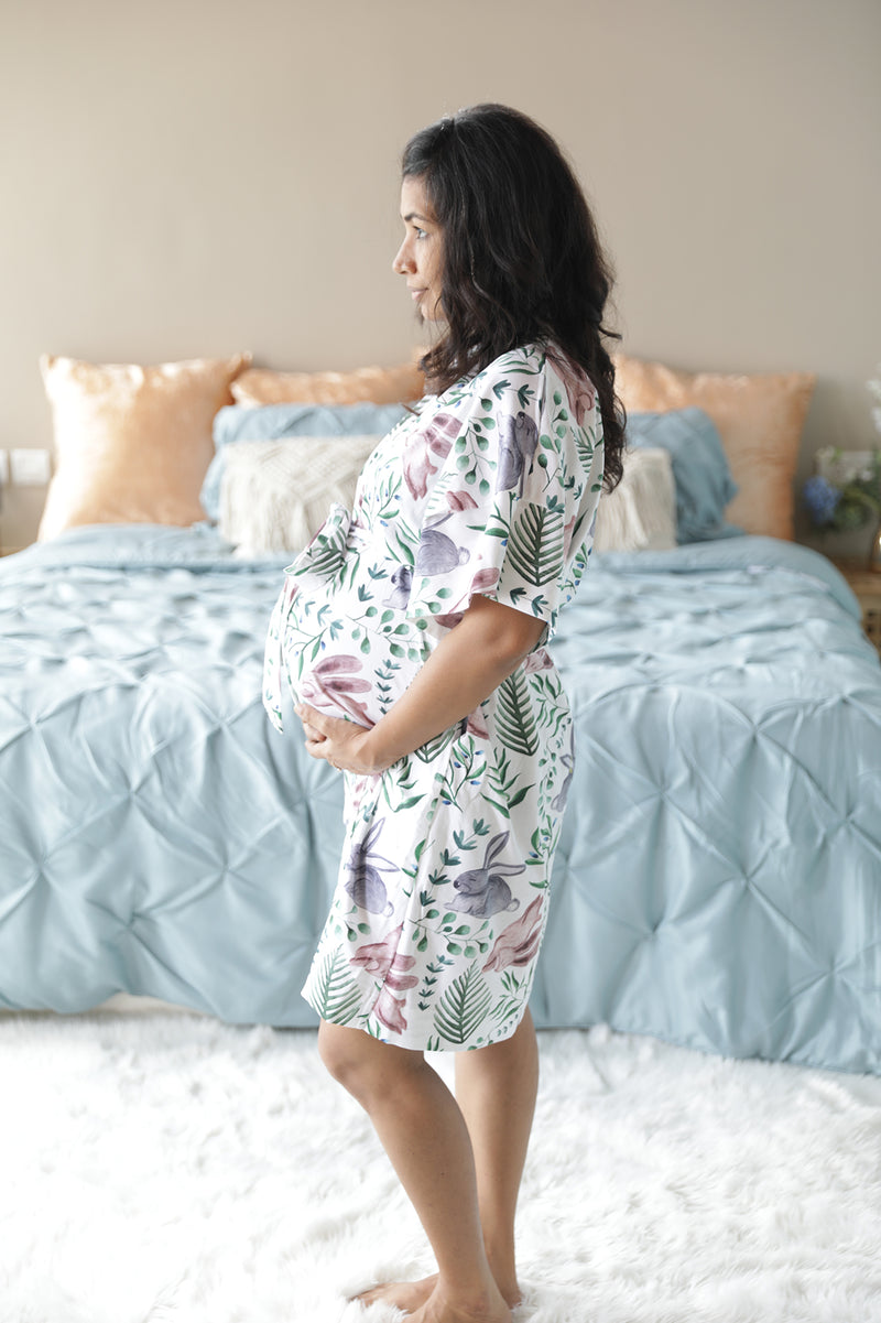 Organic Maternity robe, swaddle, hat and matching DAD shirt in Rabbits.