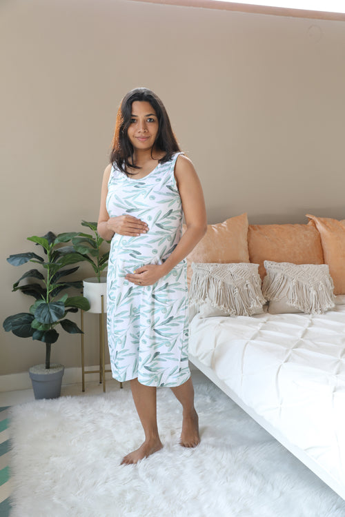 Olive leaves Nursing Nightgown with matching Pregnancy and Postpartum robe