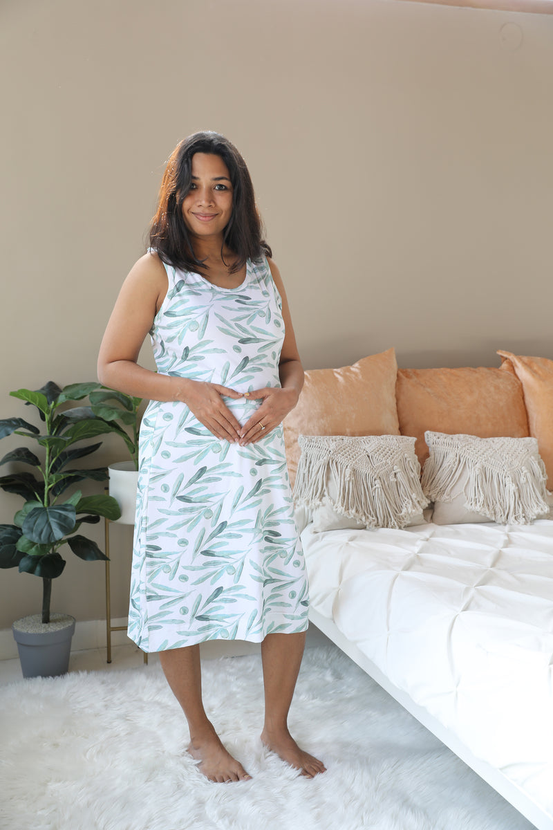 Olive leaves Nursing Nightgown with matching Pregnancy and Postpartum robe