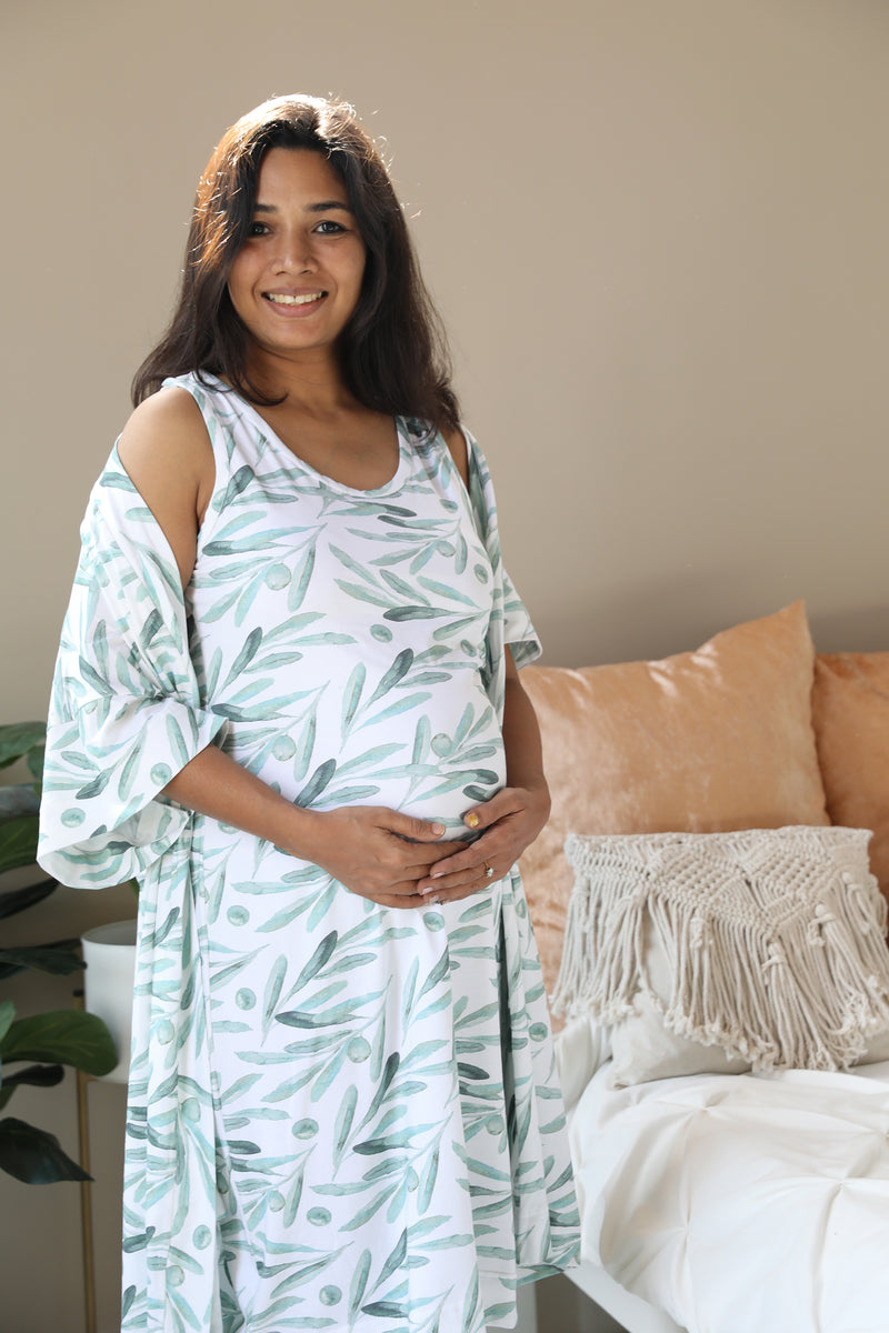 Olive leaves Nursing Nightgown with matching Pregnancy and Postpartum robe
