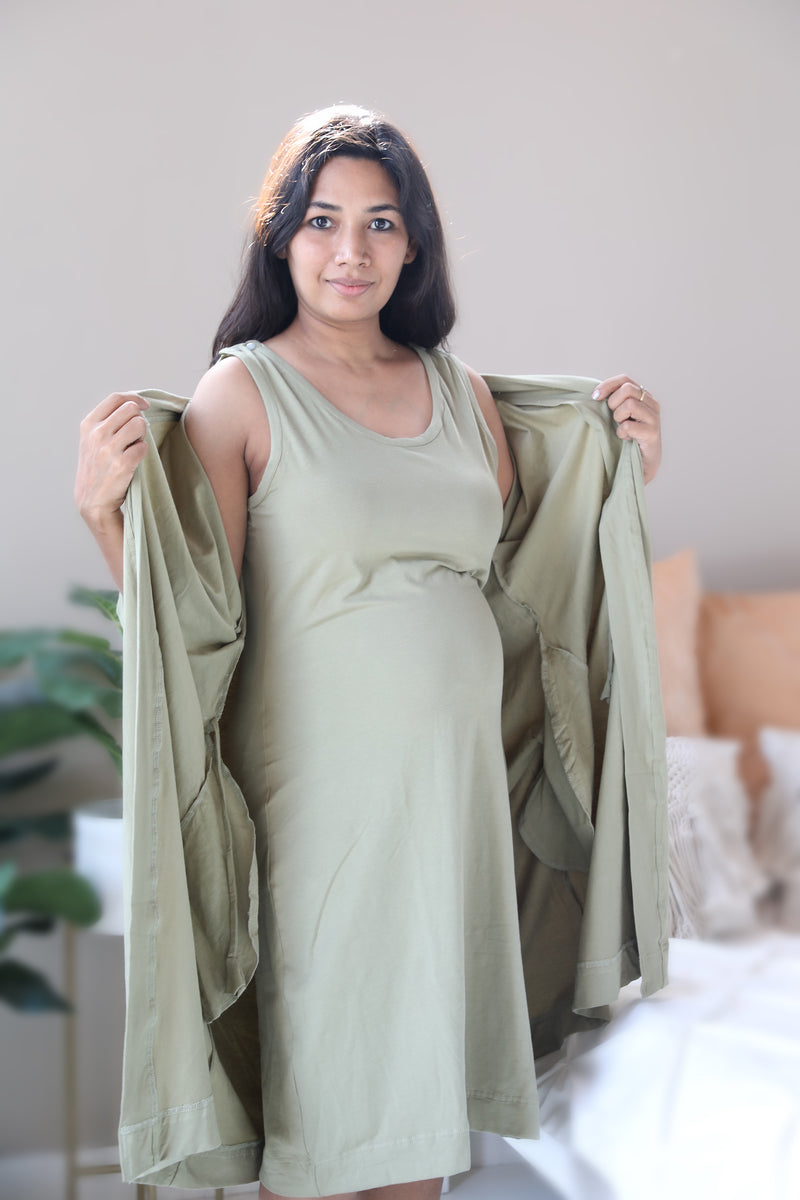 Olive Nursing Nightgown with matching Pregnancy and Postpartum robe.