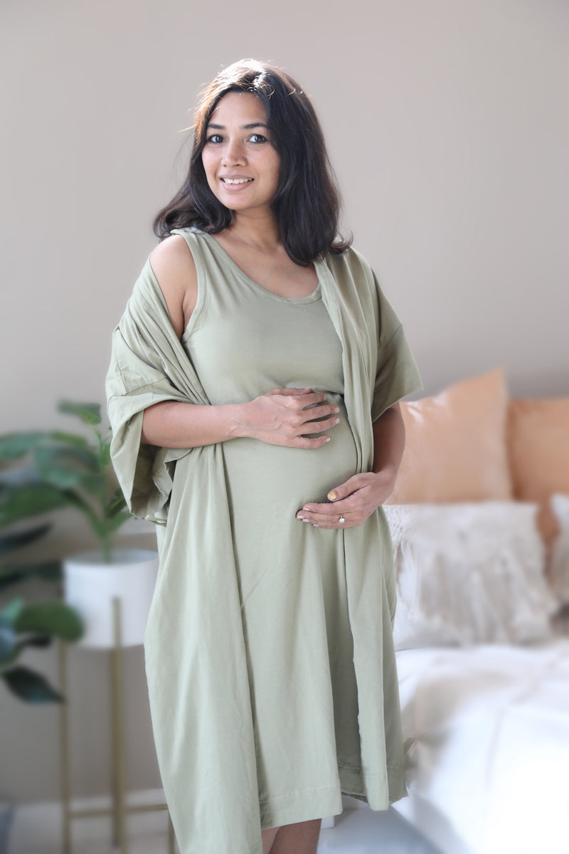 Olive Nursing Nightgown with matching Pregnancy and Postpartum robe.
