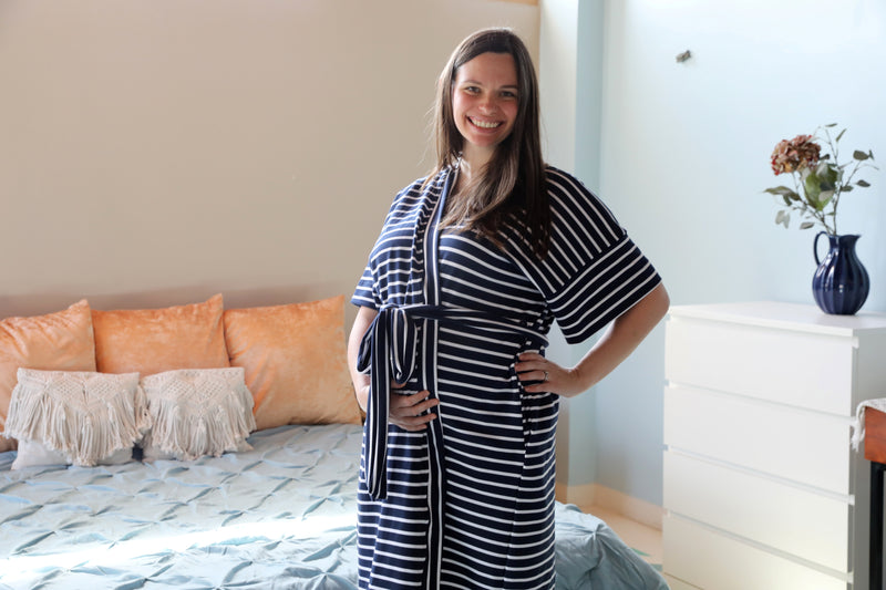 Navy Stripes Robe swaddle personalized hat with matching dad shirt