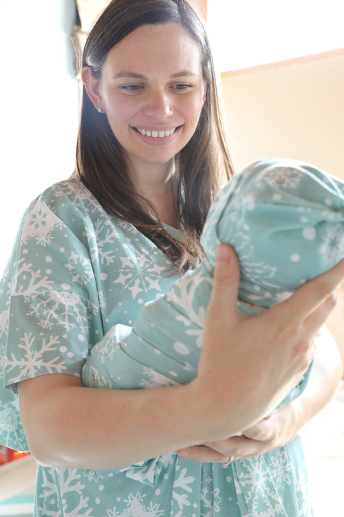 SnowFlakes Robe swaddle personalized hat with matching dad shirt