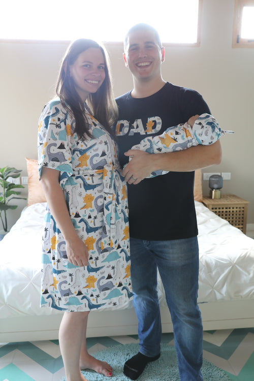 Dino Robe swaddle personalized hat with matching dad shirt