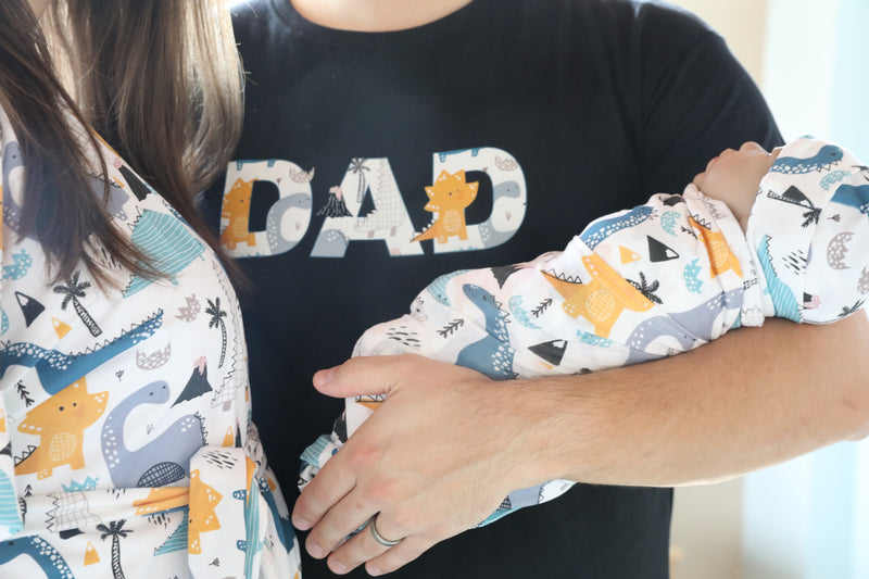 Dino Robe swaddle personalized hat with matching dad shirt