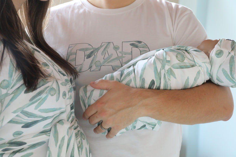 Olive Leaf Robe swaddle personalized hat with matching dad shirt