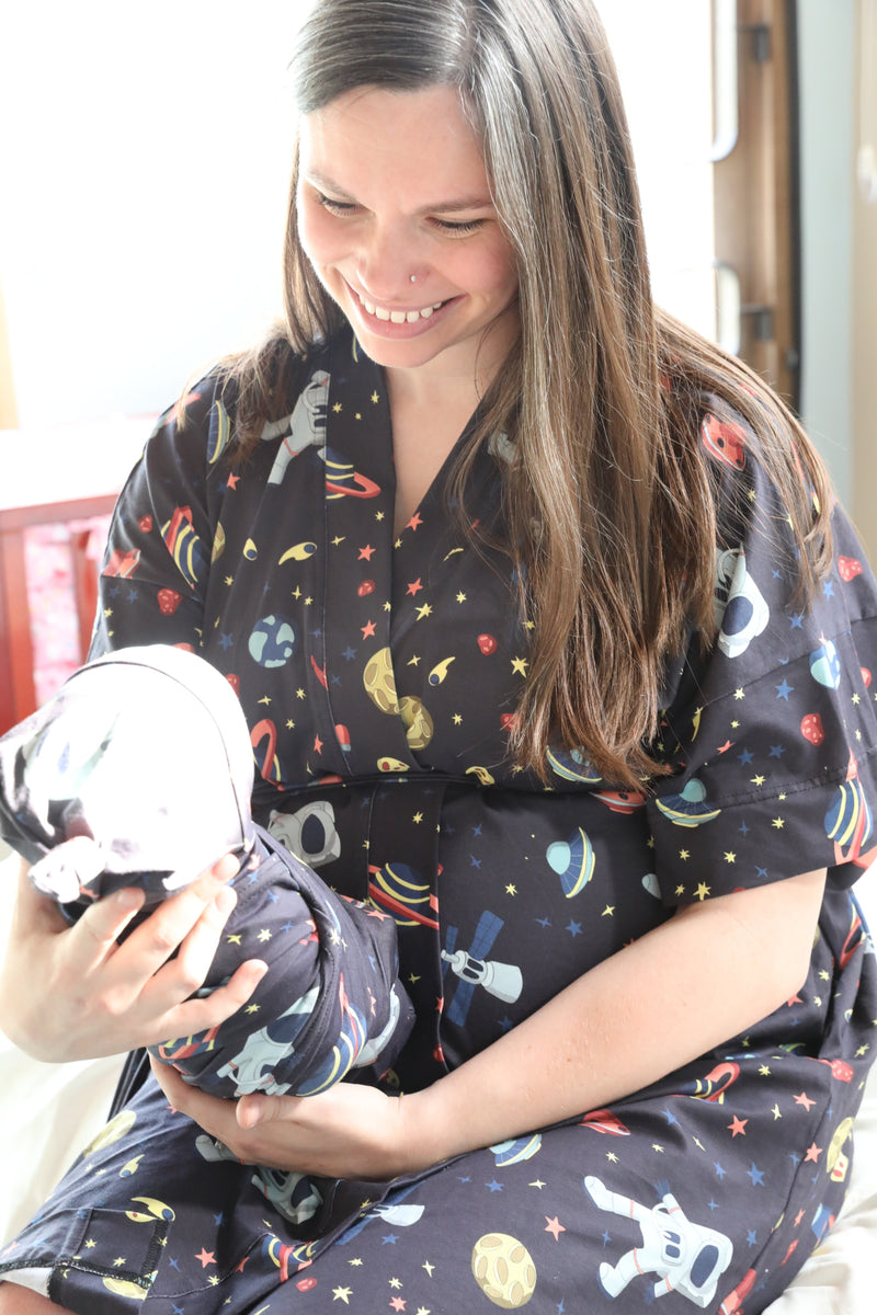 Outer Space Robe swaddle personalized hat with matching dad shirt